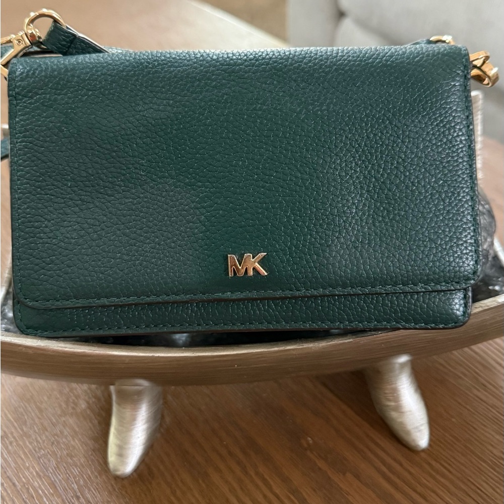 Michael Kors Dark Green Pebbled Leather Crossbody with Gold MK Logo
